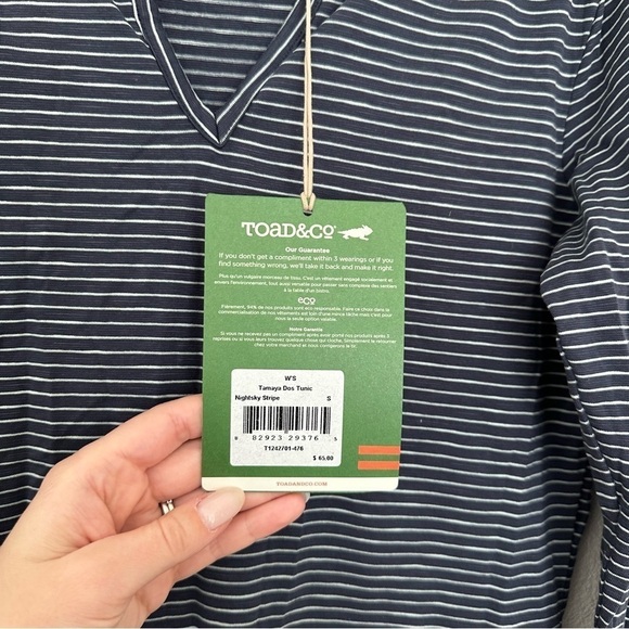 Toad & Co Tamara Tunic Top V Neck Navy Striped Size Small Women’s 3/4 Sleeves - Picture 10 of 11